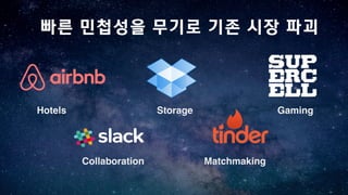 빠른 민첩성을 무기로 기존 시장 파괴
Hotels Storage Gaming
Collaboration Matchmaking
 