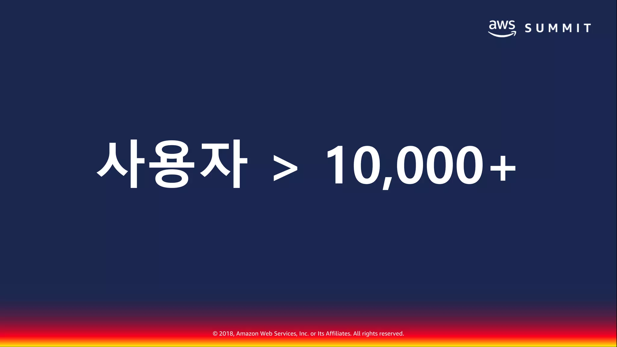 © 2018, Amazon Web Services, Inc. or Its Affiliates. All rights reserved.
사용자 > 10,000+
 