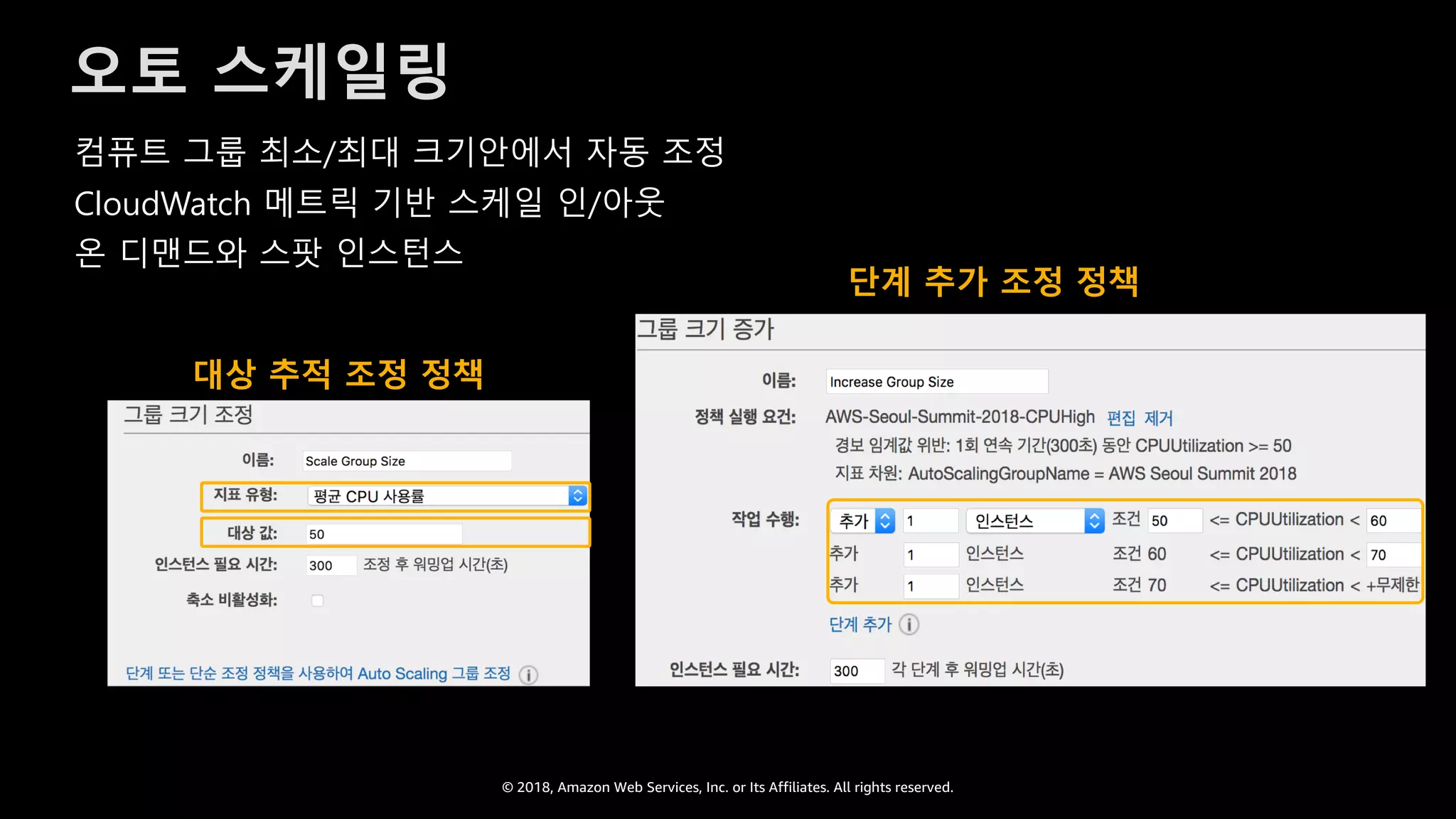 © 2018, Amazon Web Services, Inc. or Its Affiliates. All rights reserved.
오토 스케일링
컴퓨트 그룹 최소/최대 크기안에서 자동 조정
CloudWatch 메트릭 기반 스케일 인/아웃
온 디맨드와 스팟 인스턴스
대상 추적 조정 정책
단계 추가 조정 정책
 
