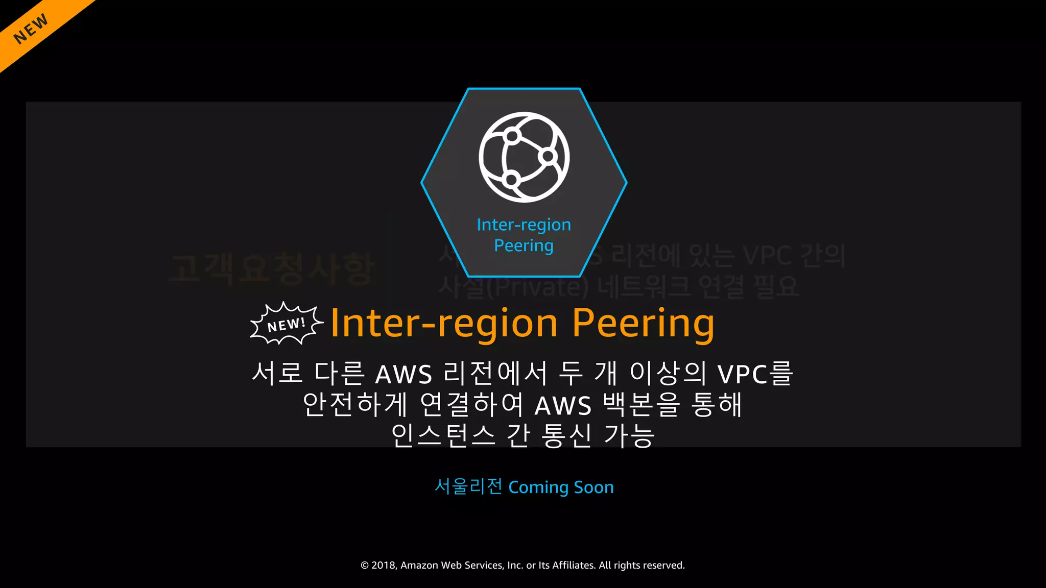 © 2018, Amazon Web Services, Inc. or Its Affiliates. All rights reserved.
(
) A C고객요청사항
Inter-region Peering
서로 다른 AWS 리전에서 두 개 이상의 VPC를
안전하게 연결하여 AWS 백본을 통해
인스턴스 간 통신 가능
NEW!
Inter-region
Peering
서울리전 Coming Soon
N
EW
 