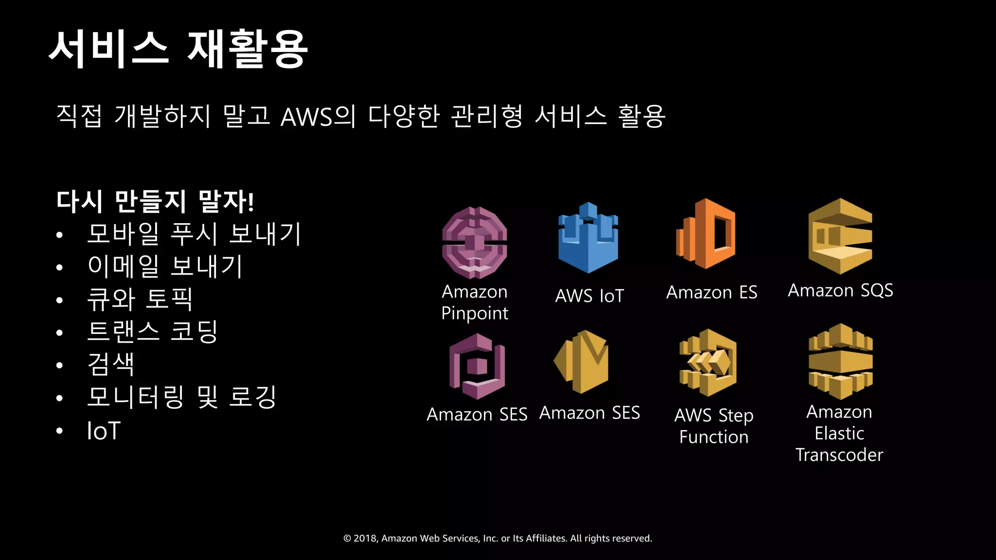 © 2018, Amazon Web Services, Inc. or Its Affiliates. All rights reserved.
서비스 재활용
다시 만들지 말자!
• 모바일 푸시 보내기
• 이메일 보내기
• 큐와 토픽
• 트랜스 코딩
• 검색
• 모니터링 및 로깅
• IoT
Amazon ES Amazon SQSAWS IoT
Amazon
Elastic
Transcoder
AWS Step
Function
Amazon SES
직접 개발하지 말고 AWS의 다양한 관리형 서비스 활용
Amazon
Pinpoint
Amazon SES
 