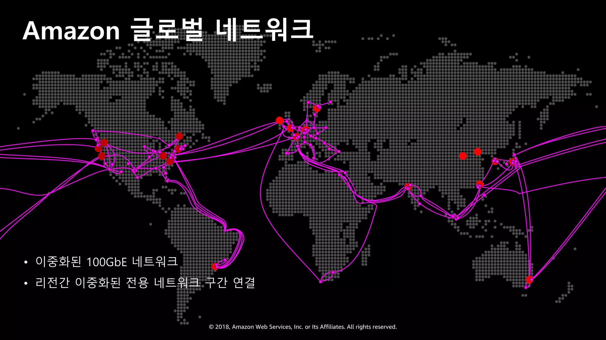 © 2018, Amazon Web Services, Inc. or Its Affiliates. All rights reserved.
Amazon 글로벌 네트워크
• 이중화된 100GbE 네트워크
• 리전간 이중화된 전용 네트워크 구간 연결
 