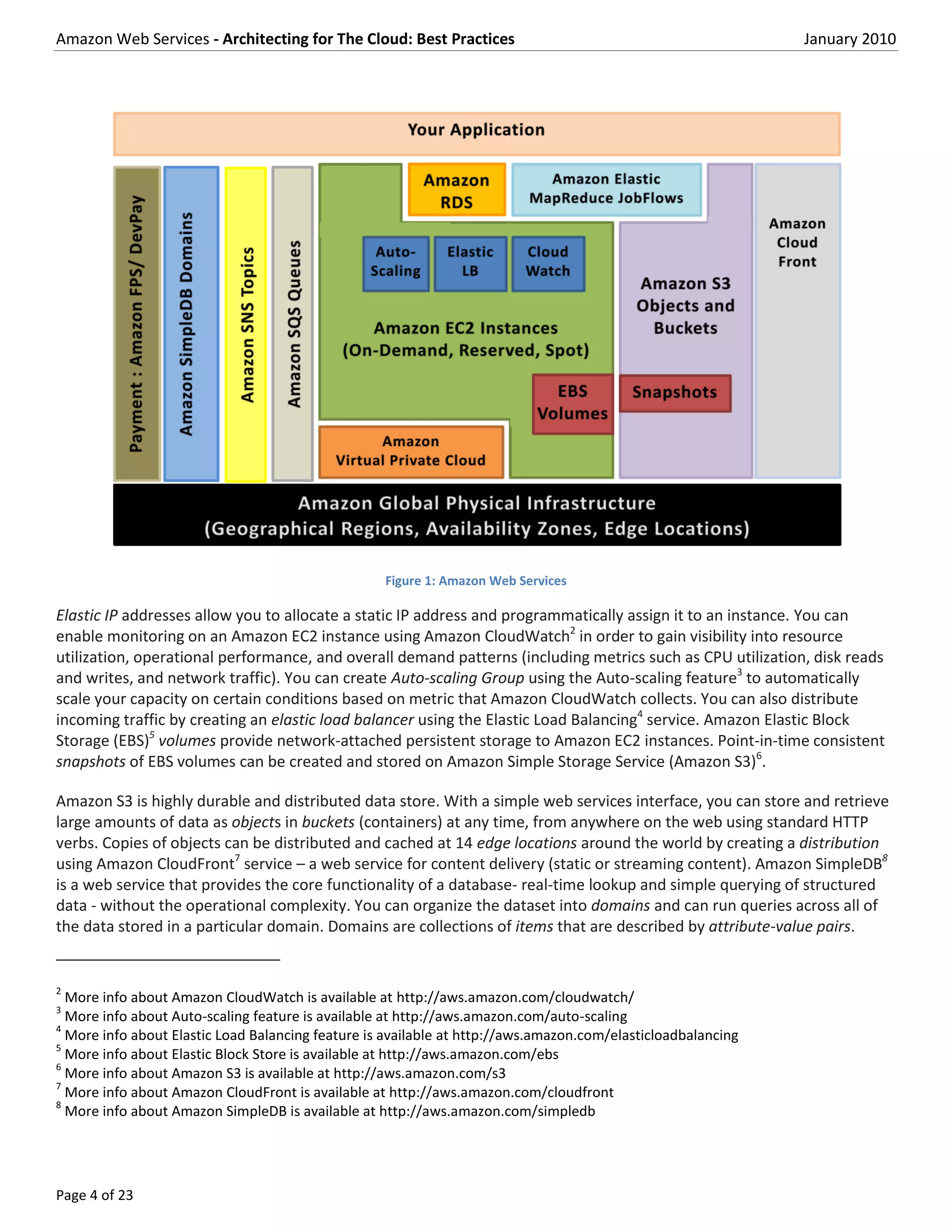 Amazon Web Services - Architecting for The Cloud: Best Practices                                              January 2010




                                                   Figure 1: Amazon Web Services

Elastic IP addresses allow you to allocate a static IP address and programmatically assign it to an instance. You can
enable monitoring on an Amazon EC2 instance using Amazon CloudWatch2 in order to gain visibility into resource
utilization, operational performance, and overall demand patterns (including metrics such as CPU utilization, disk reads
and writes, and network traffic). You can create Auto-scaling Group using the Auto-scaling feature3 to automatically
scale your capacity on certain conditions based on metric that Amazon CloudWatch collects. You can also distribute
incoming traffic by creating an elastic load balancer using the Elastic Load Balancing4 service. Amazon Elastic Block
Storage (EBS)5 volumes provide network-attached persistent storage to Amazon EC2 instances. Point-in-time consistent
snapshots of EBS volumes can be created and stored on Amazon Simple Storage Service (Amazon S3)6.

Amazon S3 is highly durable and distributed data store. With a simple web services interface, you can store and retrieve
large amounts of data as objects in buckets (containers) at any time, from anywhere on the web using standard HTTP
verbs. Copies of objects can be distributed and cached at 14 edge locations around the world by creating a distribution
using Amazon CloudFront7 service – a web service for content delivery (static or streaming content). Amazon SimpleDB8
is a web service that provides the core functionality of a database- real-time lookup and simple querying of structured
data - without the operational complexity. You can organize the dataset into domains and can run queries across all of
the data stored in a particular domain. Domains are collections of items that are described by attribute-value pairs.


2
  More info about Amazon CloudWatch is available at http://aws.amazon.com/cloudwatch/
3
  More info about Auto-scaling feature is available at http://aws.amazon.com/auto-scaling
4
  More info about Elastic Load Balancing feature is available at http://aws.amazon.com/elasticloadbalancing
5
  More info about Elastic Block Store is available at http://aws.amazon.com/ebs
6
  More info about Amazon S3 is available at http://aws.amazon.com/s3
7
  More info about Amazon CloudFront is available at http://aws.amazon.com/cloudfront
8
  More info about Amazon SimpleDB is available at http://aws.amazon.com/simpledb




Page 4 of 23
 