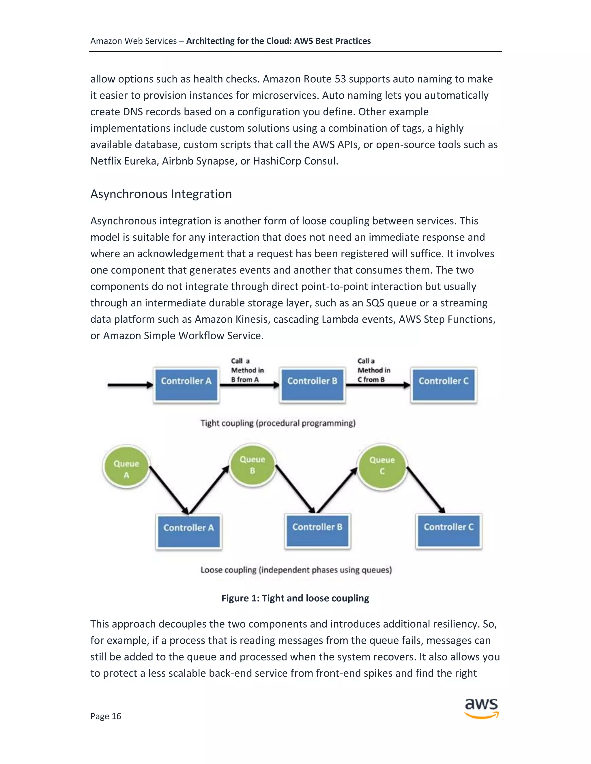 Amazon Web Services – Architecting for the Cloud: AWS Best Practices
Page 16
allow options such as health checks. Amazon Route 53 supports auto naming to make
it easier to provision instances for microservices. Auto naming lets you automatically
create DNS records based on a configuration you define. Other example
implementations include custom solutions using a combination of tags, a highly
available database, custom scripts that call the AWS APIs, or open-source tools such as
Netflix Eureka, Airbnb Synapse, or HashiCorp Consul.
Asynchronous Integration
Asynchronous integration is another form of loose coupling between services. This
model is suitable for any interaction that does not need an immediate response and
where an acknowledgement that a request has been registered will suffice. It involves
one component that generates events and another that consumes them. The two
components do not integrate through direct point-to-point interaction but usually
through an intermediate durable storage layer, such as an SQS queue or a streaming
data platform such as Amazon Kinesis, cascading Lambda events, AWS Step Functions,
or Amazon Simple Workflow Service.
Figure 1: Tight and loose coupling
This approach decouples the two components and introduces additional resiliency. So,
for example, if a process that is reading messages from the queue fails, messages can
still be added to the queue and processed when the system recovers. It also allows you
to protect a less scalable back-end service from front-end spikes and find the right
 