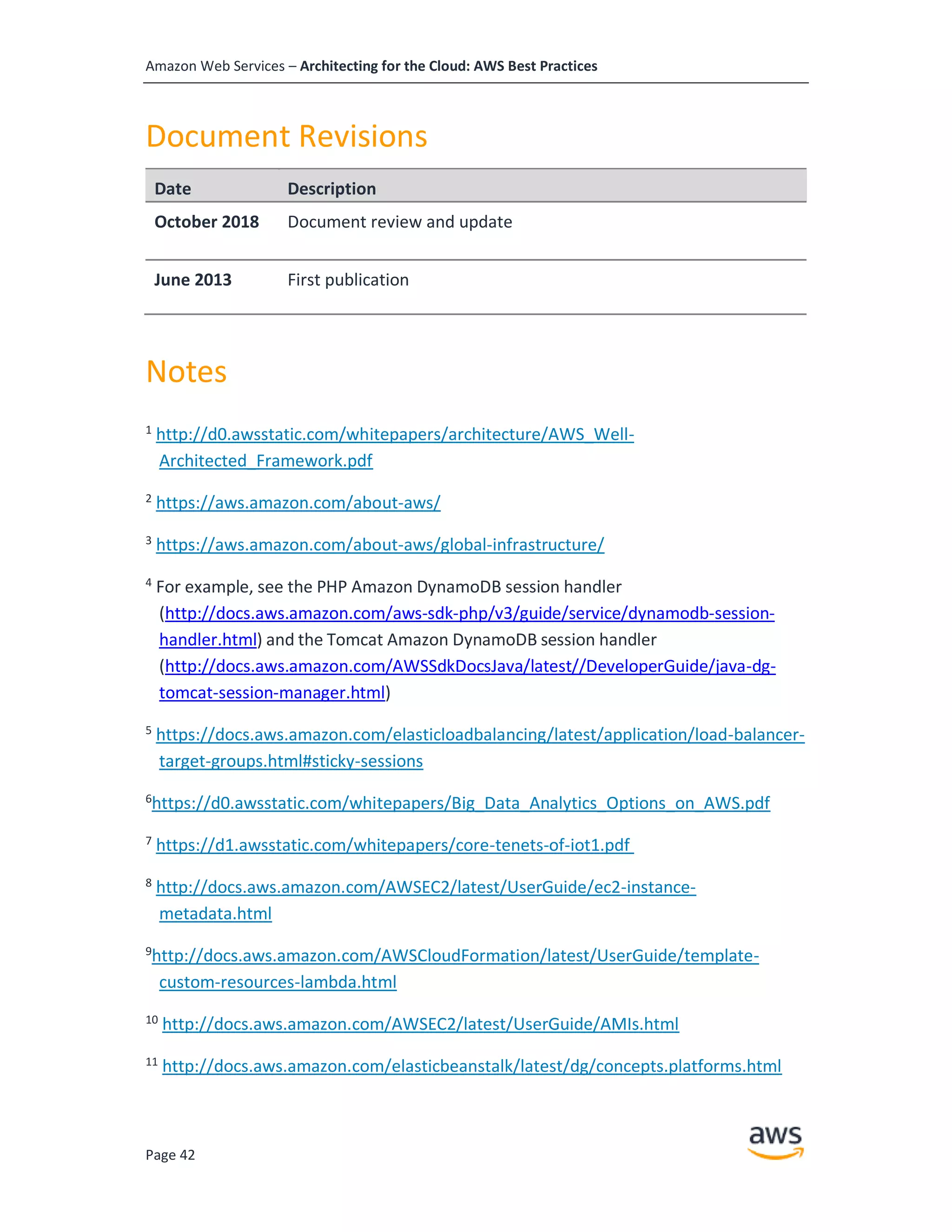 Amazon Web Services – Architecting for the Cloud: AWS Best Practices
Page 42
Document Revisions
Date Description
October 2018 Document review and update
June 2013 First publication
1
http://d0.awsstatic.com/whitepapers/architecture/AWS_Well-
Architected_Framework.pdf
2
https://aws.amazon.com/about-aws/
3
https://aws.amazon.com/about-aws/global-infrastructure/
4
For example, see the PHP Amazon DynamoDB session handler
(http://docs.aws.amazon.com/aws-sdk-php/v3/guide/service/dynamodb-session-
handler.html) and the Tomcat Amazon DynamoDB session handler
(http://docs.aws.amazon.com/AWSSdkDocsJava/latest//DeveloperGuide/java-dg-
tomcat-session-manager.html)
5
https://docs.aws.amazon.com/elasticloadbalancing/latest/application/load-balancer-
target-groups.html#sticky-sessions
6
https://d0.awsstatic.com/whitepapers/Big_Data_Analytics_Options_on_AWS.pdf
7
https://d1.awsstatic.com/whitepapers/core-tenets-of-iot1.pdf
8
http://docs.aws.amazon.com/AWSEC2/latest/UserGuide/ec2-instance-
metadata.html
9
http://docs.aws.amazon.com/AWSCloudFormation/latest/UserGuide/template-
custom-resources-lambda.html
10
http://docs.aws.amazon.com/AWSEC2/latest/UserGuide/AMIs.html
11
http://docs.aws.amazon.com/elasticbeanstalk/latest/dg/concepts.platforms.html
Notes
 