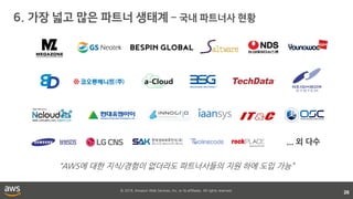 © 2018, Amazon Web Services, Inc. or its affiliates. All rights reserved.
26
... 외 다수
“AWS에 대한 지식/경험이 없더라도 파트너사들의 지원 하에 도입 가능”
 