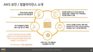 © 2018, Amazon Web Services, Inc. or its affiliates. All rights reserved.
69
추가 비용없이 강력한
기본 기능 및 도구 제공
30개 이상의 글로벌
인증 및 자격 취득/준수
1백만 이상 고객 경험에서
수집/활용 보안 강화
AWS는 업계를 리딩하는 혜택 제공
Benefit from AWS industry leading
보안팀은 24/7, 365일 운영/지원
보안에 민감한 군사 조직과 정보기관
글로벌 은행, 기업에서 이미 구축하였고
보안에 만족하고 있음
“AWS와 긴밀한 협조하에 보안 모델을
개발하여, 우리 자체 데이터센터에서 하는
것보다 더 안전하게 퍼블릭 클라우드를
운영할 수 있게 되었습니다”
Rob Alexander - CIO, Capital One
 