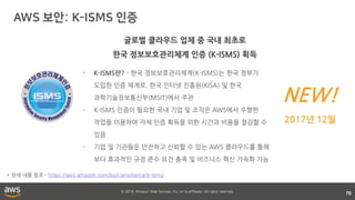 © 2018, Amazon Web Services, Inc. or its affiliates. All rights reserved.
70
NEW!
2017년 12월
글로벌 클라우드 업체 중 국내 최초로
한국 정보보호관리체계 인증 (K-ISMS) 획득
• K-ISMS란? - 한국 정보보호관리체계(K-ISMS)는 한국 정부가
도입한 인증 체계로, 한국 인터넷 진흥원(KISA) 및 한국
과학기술정보통신부(MSIT)에서 주관
• K-ISMS 인증이 필요한 국내 기업 및 조직은 AWS에서 수행한
작업을 이용하여 자체 인증 획득을 위한 시간과 비용을 절감할 수
있음
• 기업 및 기관들은 안전하고 신뢰할 수 있는 AWS 클라우드를 통해
보다 효과적인 규정 준수 요건 충족 및 비즈니스 혁신 가속화 가능
* 상세 내용 참조 - https://aws.amazon.com/ko/compliance/k-isms/
 