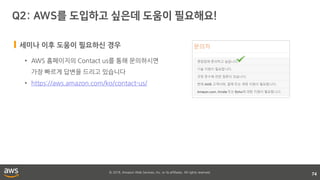 © 2018, Amazon Web Services, Inc. or its affiliates. All rights reserved.
74
• AWS 홈페이지의 Contact us를 통해 문의하시면
가장 빠르게 답변을 드리고 있습니다
• https://aws.amazon.com/ko/contact-us/
세미나 이후 도움이 필요하신 경우
 