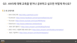 © 2018, Amazon Web Services, Inc. or its affiliates. All rights reserved.
76
• AWS 유료교육: http://edu.supertrack.co.kr/
• Facebook: https://www.facebook.com/amazonwebservices.ko/
• Youtube: https://www.youtube.com/user/AWSKorea
• Slideshare: http://www.slideshare.net/awskorea
• AWS 한국 블로그: https://aws.amazon.com/ko/blogs/korea/
• AWS 서비스 사용에 대한 AWS 문서: https://aws.amazon.com/ko/documentation/
• AWS 기술백서: https://aws.amazon.com/ko/whitepapers/
그 외 교육자료
 