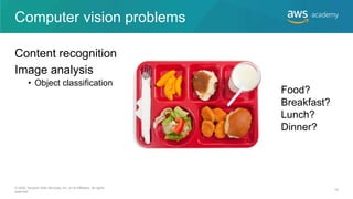 Computer vision problems
Content recognition
Image analysis
• Object classification
Food?
Breakfast?
Lunch?
Dinner?
© 2020, Amazon Web Services, Inc. or its Affiliates. All rights
reserved.
19
 