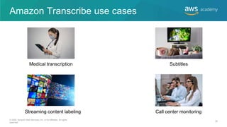 Amazon Transcribe use cases
Medical transcription
Streaming content labeling Call center monitoring
Subtitles
© 2020, Amazon Web Services, Inc. or its Affiliates. All rights
reserved.
38
 