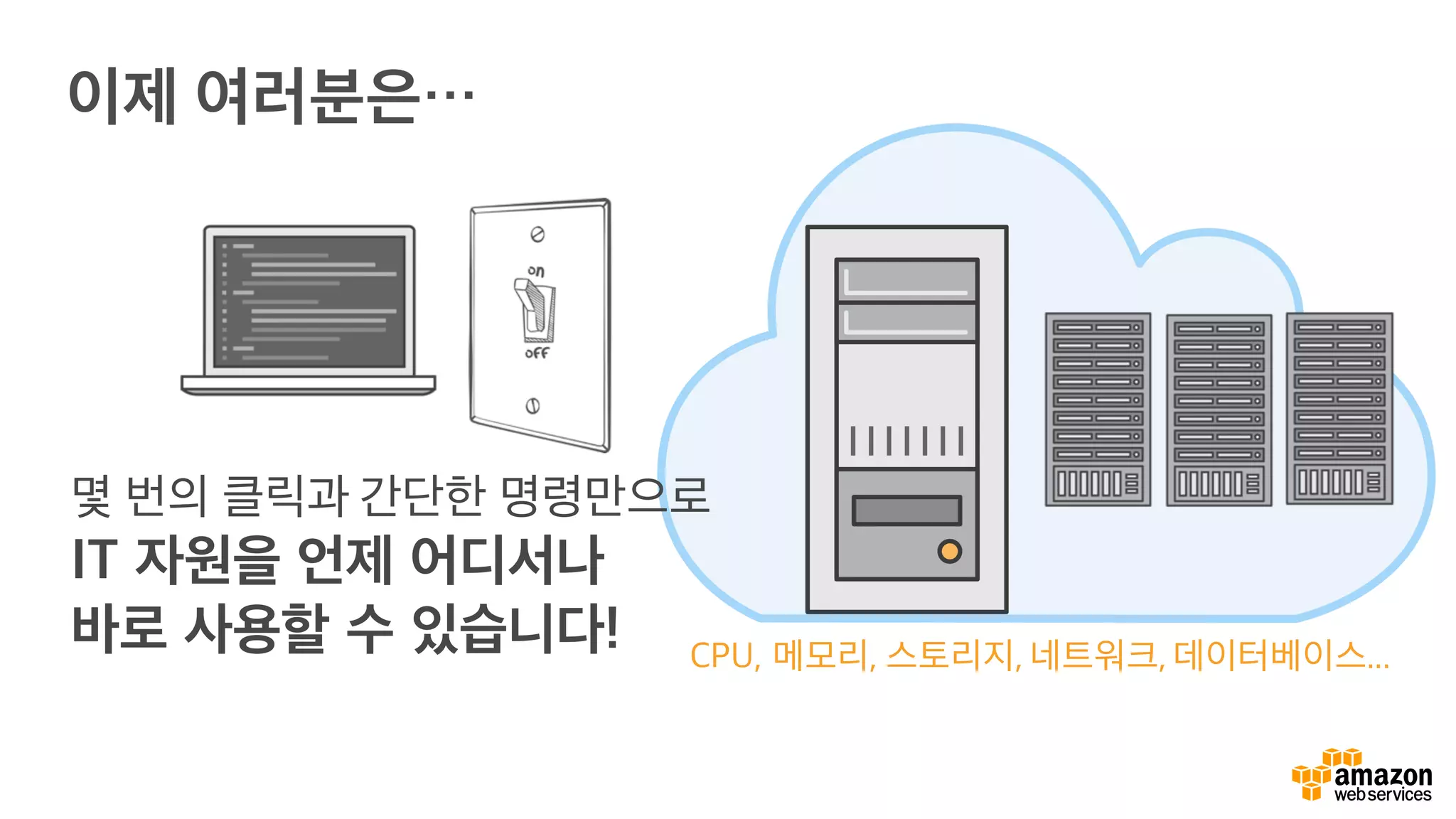 이제 여러분은…
CPU, 메모리, 스토리지, 네트워크, 데이터베이스...
몇 번의 클릭과 간단한 명령만으로
IT 자원을 언제 어디서나
바로 사용할 수 있습니다!
 