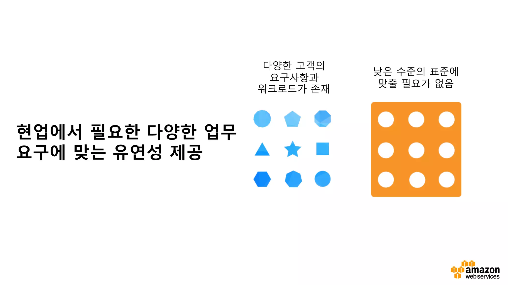 다양한 고객의
요구사항과
워크로드가 존재
현업에서 필요한 다양한 업무
요구에 맞는 유연성 제공
낮은 수준의 표준에
맞출 필요가 없음
 