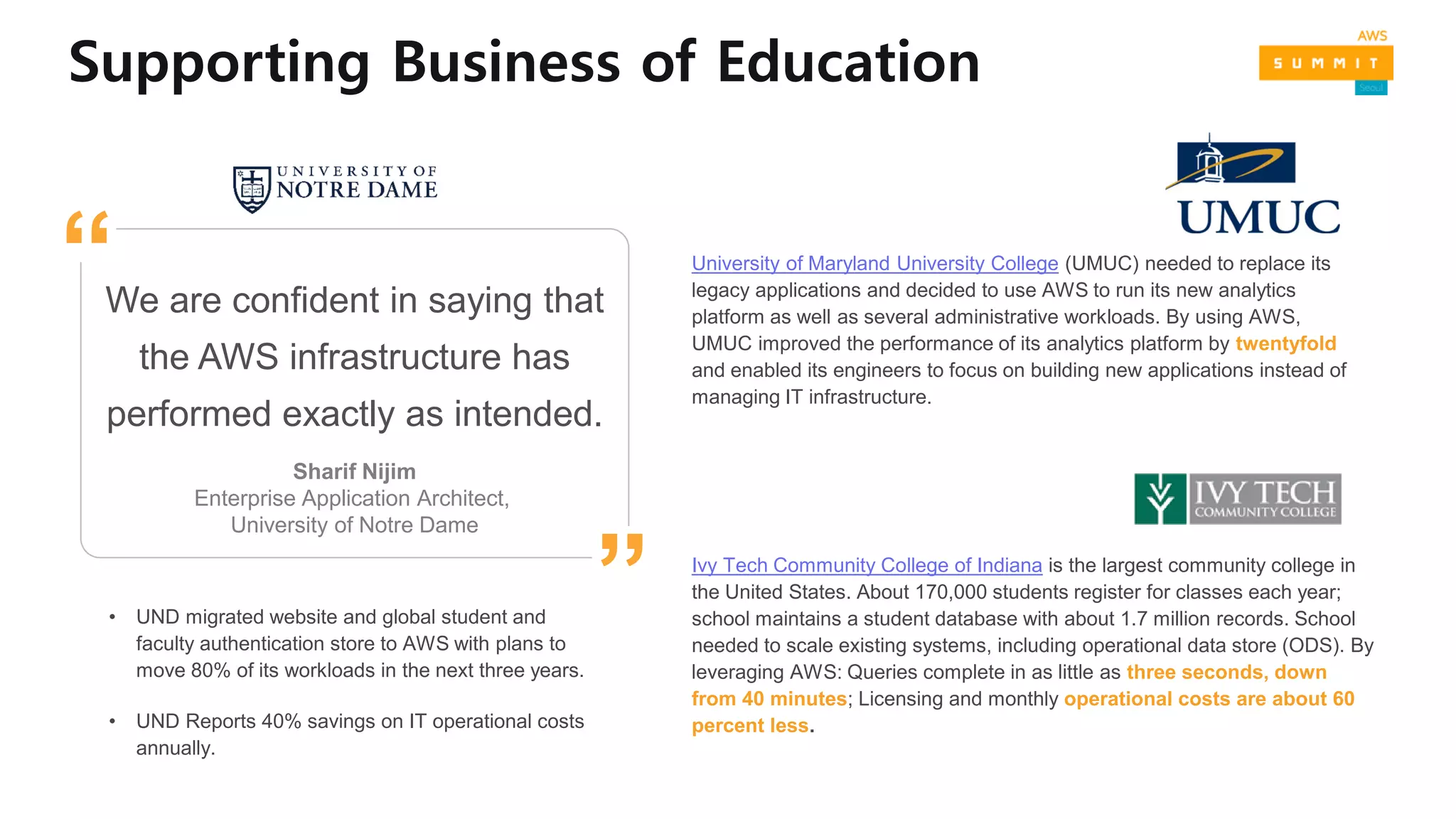 • UND migrated website and global student and
faculty authentication store to AWS with plans to
move 80% of its workloads in the next three years.
• UND Reports 40% savings on IT operational costs
annually.
We are confident in saying that
the AWS infrastructure has
performed exactly as intended.
Sharif Nijim
Enterprise Application Architect,
University of Notre Dame
”
“
Supporting Business of Education
University of Maryland University College (UMUC) needed to replace its
legacy applications and decided to use AWS to run its new analytics
platform as well as several administrative workloads. By using AWS,
UMUC improved the performance of its analytics platform by twentyfold
and enabled its engineers to focus on building new applications instead of
managing IT infrastructure.
Ivy Tech Community College of Indiana is the largest community college in
the United States. About 170,000 students register for classes each year;
school maintains a student database with about 1.7 million records. School
needed to scale existing systems, including operational data store (ODS). By
leveraging AWS: Queries complete in as little as three seconds, down
from 40 minutes; Licensing and monthly operational costs are about 60
percent less.
 