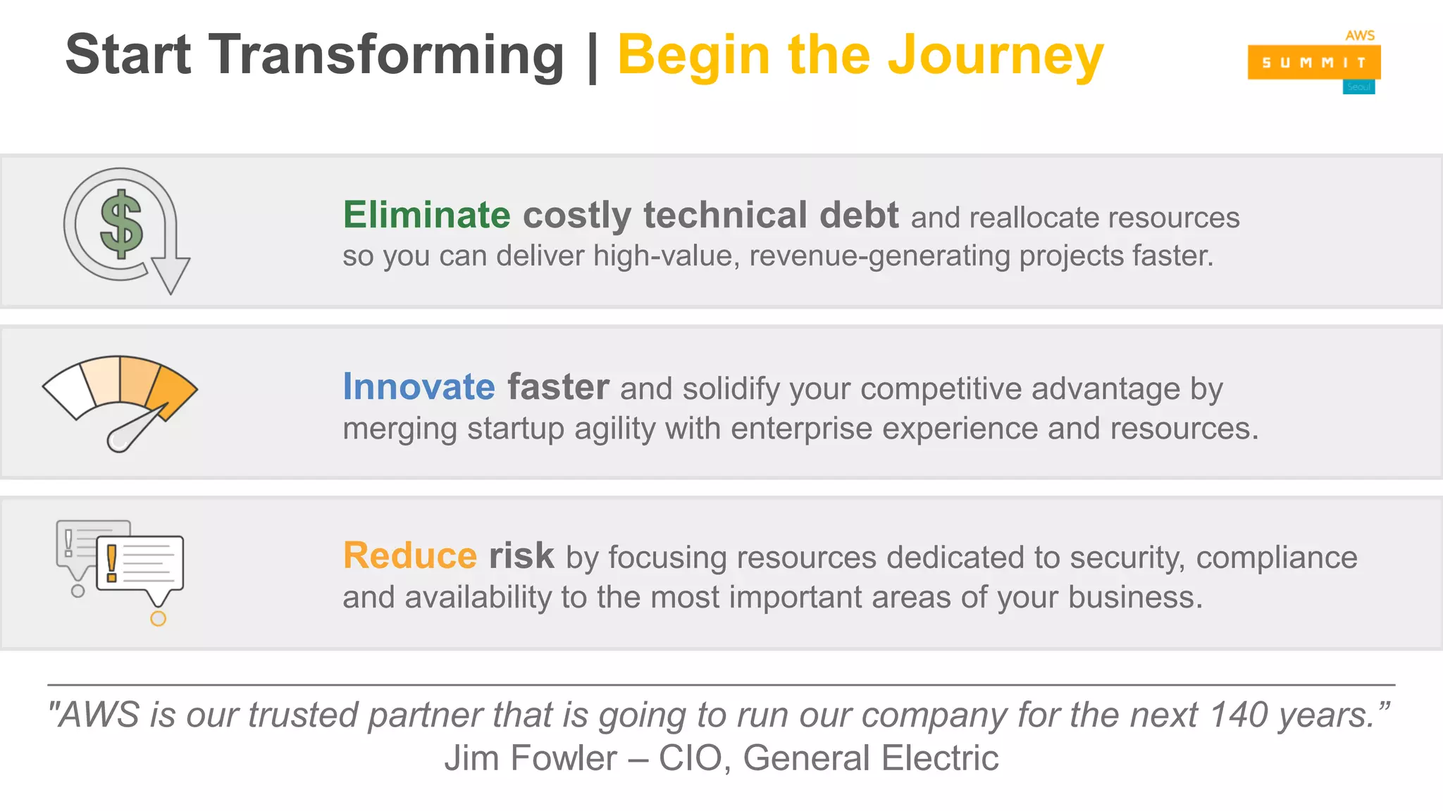 Eliminate costly technical debt and reallocate resources
so you can deliver high-value, revenue-generating projects faster.
Innovate faster and solidify your competitive advantage by
merging startup agility with enterprise experience and resources.
Reduce risk by focusing resources dedicated to security, compliance
and availability to the most important areas of your business.
"AWS is our trusted partner that is going to run our company for the next 140 years.”
Jim Fowler – CIO, General Electric
Start Transforming | Begin the Journey
 