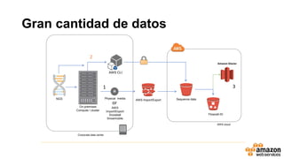 Gran cantidad de datos
AWS cloud
AWS Import/Export
Corporate data center
NGS
On-premises
Compute / cluster
Sequence dataPhysical media
Flowcell-ID
AWS CLI
Amazon Glacier
1 3
AWS
Import/Export
Snowball
Snowmobile
or
AWS CLI
2
 