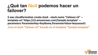 ¿Qué tan fácil podemos hacer un
failover?
$ aws cloudformation create-stack --stack-name "Failover-cli" --
template-url 'https://s3.amazonaws.com/Sample.template' --
parameters ParameterKey=KeyName,ParameterValue=keyuseast1
;Crea el stack ”Failover-cli” basado en el template ”Sample.template”
 