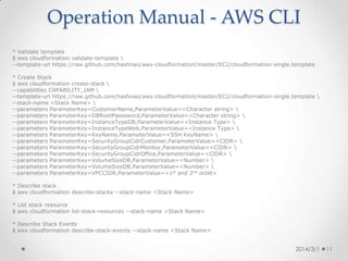 Operation Manual - AWS CLI (3)
※Sample command with parameters
•
Create Stack
$ aws cloudformation create-stack 
--capabilities CAPABILITY_IAM 
--template-body file://$PWD/cloudformation-single.template 
--stack-name samplesingle 
--parameters ParameterKey=CustomerName,ParameterValue=samplesingle 
--parameters ParameterKey=DBRootPasssword,ParameterValue=mysql00 
--parameters ParameterKey=InstanceTypeDB,ParameterValue=t1.micro 
--parameters ParameterKey=InstanceTypeWeb,ParameterValue=t1.micro 
--parameters ParameterKey=KeyName,ParameterValue=default 
--parameters ParameterKey=SecurityGroupCidrCustomer,ParameterValue=0.0.0.0/0 
--parameters ParameterKey=SecurityGroupCidrMonitor,ParameterValue=0.0.0.0/0 
--parameters ParameterKey=SecurityGroupCidrOffice,ParameterValue=0.0.0.0/0 
--parameters ParameterKey=VolumeSizeDB,ParameterValue=10 
--parameters ParameterKey=VolumeSizeDB,ParameterValue=10 
--parameters ParameterKey=VPCCIDR,ParameterValue=10.0

2014/3/1

11

 