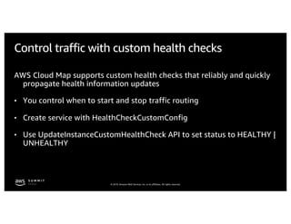 © 2019, Amazon Web Services, Inc. or its affiliates. All rights reserved.
Control traffic with custom health checks
AWS Cloud Map supports custom health checks that reliably and quickly
propagate health information updates
• You control when to start and stop traffic routing
• Create service with HealthCheckCustomConfig
• Use UpdateInstanceCustomHealthCheck API to set status to HEALTHY |
UNHEALTHY
 