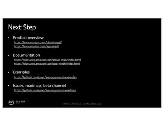 © 2019, Amazon Web Services, Inc. or its affiliates. All rights reserved.
Next Step
• Product overview
https://aws.amazon.com/cloud-map/
https://aws.amazon.com/app-mesh
• Documentation
https://docs.aws.amazon.com/cloud-map/index.html
https://docs.aws.amazon.com/app-mesh/index.html
• Examples
https://github.com/aws/aws-app-mesh-examples
• Issues, roadmap, beta channel
https://github.com/aws/aws-app-mesh-roadmap
 