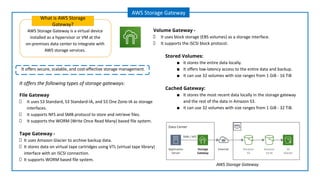AWS Storage Gateway is a virtual device
installed as a hypervisor or VM at the
on-premises data center to integrate with
AWS storage services.
What is AWS Storage
Gateway?
AWS Storage Gateway
It offers secure, scalable, and cost-effective storage management.
AWS Storage Gateway
It offers the following types of storage gateways:
File Gateway
It uses S3 Standard, S3 Standard-IA, and S3 One Zone-IA as storage
interfaces.
It supports NFS and SMB protocol to store and retrieve files.
It supports the WORM (Write Once Read Many) based file system.
Tape Gateway -
It uses Amazon Glacier to archive backup data.
It stores data on virtual tape cartridges using VTL (virtual tape library)
interface with an iSCSI connection.
It supports WORM based file system.
Volume Gateway -
It uses block storage (EBS volumes) as a storage interface.
It supports the iSCSI block protocol.
Stored Volumes:
■ It stores the entire data locally.
■ It offers low-latency access to the entire data and backup.
■ It can use 32 volumes with size ranges from 1 GiB - 16 TiB
Cached Gateway:
■ It stores the most recent data locally in the storage gateway
and the rest of the data in Amazon S3.
■ It can use 32 volumes with size ranges from 1 GiB - 32 TiB.
 