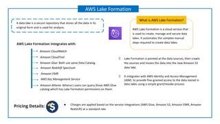 AWS Lake Formation is a cloud service that
is used to create, manage and secure data
lakes. It automates the complex manual
steps required to create data lakes.
What is AWS Lake Formation?
AWS Lake Formation
Lake Formation is pointed at the data sources, then crawls
the sources and moves the data into the new Amazon S3
data lake.
It integrates with AWS Identity and Access Management
(IAM) to provide fine-grained access to the data stored in
data lakes using a simple grant/revoke process
A data lake is a secure repository that stores all the data in its
original form and is used for analysis.
Amazon CloudTrail
Amazon CloudWatch
Amazon EMR
Amazon Glue: Both use same Data Catalog
AWS Key Management Service
Amazon Redshift Spectrum
AWS Lake Formation integrates with:
Amazon Athena: Athena's users can query those AWS Glue
catalog which has Lake Formation permissions on them.
Pricing Details: ● Charges are applied based on the service integrations (AWS Glue, Amazon S3, Amazon EMR, Amazon
Redshift) at a standard rate
 