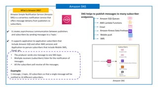 Amazon Simple Notification Service (Amazon
SNS) is a serverless notification service that
offers message delivery from publishers to
subscribers.
What is Amazon SNS?
Amazon SNS
SNS helps to publish messages to many subscriber
endpoints:
✔ It creates asynchronous communication between publishers
and subscribers by sending messages to a ‘topic.’
✔ It supports application-to-application subscribers that
include Amazon SQS and other AWS services and
Application-to-person subscribers that include Mobile SMS,
Email, etc.
AWS Lambda Functions
Amazon SQS Queues
Mobile push
Email
Amazon Kinesis Data Firehose
SMS
• The producer sends one message to one SNS topic.
• Multiple receivers (subscribers) listen for the notification of
messages.
• All the subscribers will receive all the messages.
Example:
1 message, 1 topic, 10 subscribers so that a single message will be
notified to 10 different subscribers.
Amazon SNS
 