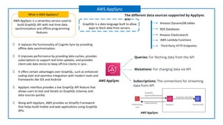 AWS AppSync is a serverless service used to
build GraphQL API with real-time data
synchronization and offline programming
features.
What is AWS AppSync?
AWS AppSync
GraphQL is a data language built to allow
apps to fetch data from servers. RDS Databases
Amazon DynamoDB tables
Third Party HTTP Endpoints
Amazon Elasticsearch
AWS Lambda Functions
The diﬀerent data sources supported by AppSync
are:
It replaces the functionality of Cognito Sync by providing
offline data synchronization.
It improves performance by providing data caches, provides
subscriptions to support real-time updates, and provides
client-side data stores to keep off-line clients in sync.
It offers certain advantages over GraphQL, such as enhanced
coding style and seamless integration with modern tools and
frameworks like iOS and Android
AppSync interface provides a live GraphQL API feature that
allows users to test and iterate on GraphQL schemas and
data sources quickly.
Along with AppSync, AWS provides an Amplify Framework
that helps build mobile and web applications using GraphQL
APIs.
Queries: For fetching data from the API
Subscriptions: The connections for streaming
data from API
Mutations: For changing data via API
AWS AppSync
AWS AppSync
AWS AppSync
 