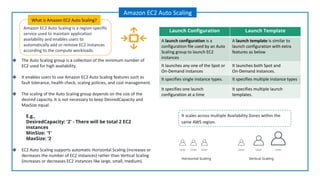 Amazon EC2 Auto Scaling is a region-specific
service used to maintain application
availability and enables users to
automatically add or remove EC2 instances
according to the compute workloads.
What is Amazon EC2 Auto Scaling?
Amazon EC2 Auto Scaling
❖ The Auto Scaling group is a collection of the minimum number of
EC2 used for high availability.
❖ It enables users to use Amazon EC2 Auto Scaling features such as
fault tolerance, health check, scaling policies, and cost management.
❖ The scaling of the Auto Scaling group depends on the size of the
desired capacity. It is not necessary to keep DesiredCapacity and
MaxSize equal.
E.g.,
DesiredCapacity: '2' - There will be total 2 EC2
instances
MinSize: '1'
MaxSize: ‘2
❖ EC2 Auto Scaling supports automatic Horizontal Scaling (increases or
decreases the number of EC2 instances) rather than Vertical Scaling
(increases or decreases EC2 instances like large, small, medium).
It scales across multiple Availability Zones within the
same AWS region.
Launch Conﬁguration Launch Template
A launch configuration is a
configuration file used by an Auto
Scaling group to launch EC2
instances
A launch template is similar to
launch configuration with extra
features as below
It launches any one of the Spot or
On-Demand instances
It launches both Spot and
On-Demand instances.
It specifies single instance types. It specifies multiple instance types
It specifies one launch
configuration at a time
It specifies multiple launch
templates.
 