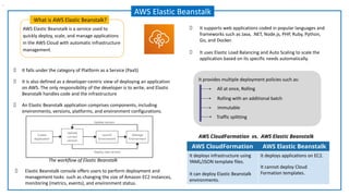 What is AWS Elastic Beanstalk?
AWS Elastic Beanstalk
It falls under the category of Platform as a Service (PaaS)
It is also defined as a developer-centric view of deploying an application
on AWS. The only responsibility of the developer is to write, and Elastic
Beanstalk handles code and the infrastructure
An Elastic Beanstalk application comprises components, including
environments, versions, platforms, and environment configurations.
Rolling with an additional batch
All at once, Rolling
Immutable
Traffic splitting
It provides multiple deployment policies such as:
AWS CloudFormation AWS Elastic Beanstalk
It deploys infrastructure using
YAML/JSON template files.
It can deploy Elastic Beanstalk
environments.
It deploys applications on EC2.
It cannot deploy Cloud
Formation templates.
.
Elastic Beanstalk console offers users to perform deployment and
management tasks such as changing the size of Amazon EC2 instances,
monitoring (metrics, events), and environment status.
It supports web applications coded in popular languages and
frameworks such as Java, .NET, Node.js, PHP, Ruby, Python,
Go, and Docker.
It uses Elastic Load Balancing and Auto Scaling to scale the
application based on its specific needs automatically.
AWS CloudFormation vs. AWS Elastic Beanstalk
AWS Elastic Beanstalk is a service used to
quickly deploy, scale, and manage applications
in the AWS Cloud with automatic infrastructure
management.
The workflow of Elastic Beanstalk
 