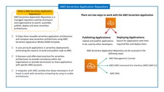 AWS Serverless Application Repository is a
managed repository used by developers
and organizations to search, assemble,
publish, deploy and store serverless
architectures.
What is AWS Serverless Application
Repository?
AWS Serverless Application Repository
Publishing Applications:
Upload and publish applications
to be used by other developers.
Deploying Applications:
Search for applications with their
required files and deploy them.
It helps share reusable serverless application architectures
and compose new serverless architectures using AWS
Serverless Application Model (SAM) template.
It uses pre-built applications in serverless deployments,
eliminating the need to re-build and publish code to AWS.
It discovers and offers best practices for serverless
architectures to provide consistency within the
organizations or provide permissions to share applications
with specific AWS accounts.
It integrates with AWS Lambda that allows developers of all
levels to work with serverless computing by using re-usable
architectures.
There are two ways to work with the AWS Serverless Application
AWS Serverless Application Repository can be accessed in the
following ways:
AWS Management Console
AWS SAM command-line interface (AWS SAM CLI)
AWS SDKs
 