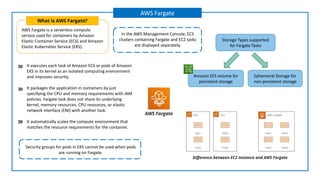 AWS Fargate is a serverless compute
service used for containers by Amazon
Elastic Container Service (ECS) and Amazon
Elastic Kubernetes Service (EKS).
What is AWS Fargate?
AWS Fargate
In the AWS Management Console, ECS
clusters containing Fargate and EC2 tasks
are displayed separately.
It executes each task of Amazon ECS or pods of Amazon
EKS in its kernel as an isolated computing environment
and improves security.
It packages the application in containers by just
specifying the CPU and memory requirements with IAM
policies. Fargate task does not share its underlying
kernel, memory resources, CPU resources, or elastic
network interface (ENI) with another task.
It automatically scales the compute environment that
matches the resource requirements for the container.
AWS Fargate
Diﬀerence between EC2 instance and AWS Fargate
Security groups for pods in EKS cannot be used when pods
are running on Fargate.
Storage Types supported
for Fargate Tasks
Amazon EFS volume for
persistent storage
Ephemeral Storage for
non-persistent storage
 