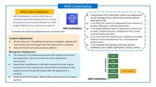 AWS CodeDeploy is a service that helps to
automate application deployments to a variety
of compute services such as Amazon EC2, AWS
Fargate, AWS ECS, and on-premises instances.
What is AWS CodeDeploy?
AWS CodeDeploy
❑ Using Amazon EKS, Kubernetes clusters and applications
can be managed across hybrid environments without
altering the code.
❑ It can fetch the content for deployment from Amazon S3
buckets, Bitbucket, or GitHub repositories.
❑ It can deploy different types of application content such
as Code, Lambda functions, configuration files, scripts
and even Multimedia files.
❑ It can scale with the infrastructure to deploy on multiple
instances across development, test, and production
environments.
❑ It can integrate with existing continuous delivery
workflows such as AWS CodePipeline, GitHub, Jenkins.
AWS CodeDeploy
In-place deployment:
● All the instances in the deployment group are stopped, updated with
new revision and started again after the deployment is complete.
● Useful for EC2/On-premises compute platform.
Blue/green deployment:
● The instances in the deployment group of the original environment
are replaced by a new set of instances of the replacement
environment.
● Using Elastic Load Balancer, traffic gets rerouted from the original
environment to the replacement environment and instances of the
original environment get terminated after the deployment is
complete.
● Useful for EC2/On-Premises, AWS Lambda and Amazon ECS compute
platform
It provides the following deployment type to choose from:
AWS CodeDeploy
 