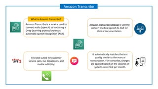 Amazon Transcribe is a service used to
convert audio (speech) to text using a
Deep Learning process known as
automatic speech recognition (ASR).
What is Amazon Transcribe?
Amazon Transcribe
Amazon Transcribe Medical is used to
convert medical speech to text for
clinical documentation.
It is best suited for customer
service calls, live broadcasts, and
media subtitling.
It automatically matches the text
quality similar to the manual
transcription. For transcribe, charges
are applied based on the seconds of
speech converted per month.
 