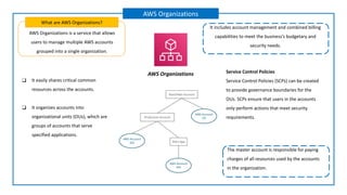 AWS Organizations is a service that allows
users to manage multiple AWS accounts
grouped into a single organization.
What are AWS Organizations?
AWS Organizations
AWS Organizations
It includes account management and combined billing
capabilities to meet the business’s budgetary and
security needs.
❑ It easily shares critical common
resources across the accounts.
❑ It organizes accounts into
organizational units (OUs), which are
groups of accounts that serve
specified applications.
Service Control Policies
Service Control Policies (SCPs) can be created
to provide governance boundaries for the
OUs. SCPs ensure that users in the accounts
only perform actions that meet security
requirements.
The master account is responsible for paying
charges of all resources used by the accounts
in the organization.
 