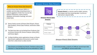 Amazon Kinesis Data Streams (KDS) is a
scalable real-time data streaming service. It
captures gigabytes of data from sources like
website clickstreams, events streams
(database and location-tracking), and social
media feeds.
What are Amazon Kinesis Data Streams?
Amazon Kinesis Data Streams
Amazon Kinesis is a service used to collect, process,
and analyze real-time streaming data. It can be an
alternative to Apache Kafka.
Amazon Kinesis Data
Streams
❑ Kinesis family consists of Kinesis Data Streams, Kinesis
Data Analytics, Kinesis Data Firehose, and Kinesis Video
Streams.
❑ The Real-time data can be fetched from Producers that
are Kinesis Streams API, Kinesis Producer Library (KPL),
and Kinesis Agent.
❑ It allows building custom applications known as Kinesis
Data Streams applications (Consumers), which reads
data from a data stream as data records.
Data Streams are divided into Shards / Partitions whose data
retention is 1 day (by default) and can be extended to 7 days
Each shard provides a capacity of 1MB per second input data
and 2MB per second output data.
Amazon Kinesis Data Streams
 