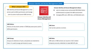 AWS Identity and Access Management is a free
service used to define permissions and manage
users to access multi-account AWS services.
What is Amazon IAM ?
Amazon Identity and Access Management (IAM)
Amazon Identity and
Access Management
Amazon Identity and Access Management allows:
❖ users to analyze access and provide MFA (Multi-factor
authentication) to protect the AWS environment.
❖ managing IAM users, IAM roles, and federated users.
IAM Policies
Policies are documents written in JSON (key-value pairs) used to
define permissions.
IAM Users
User can be a person or service.
IAM Roles
IAM users or AWS services can assume a role to obtain
temporary security credentials to make AWS API calls.
IAM Groups
Groups are collections of users, and policies are attached to
them. It is used to assign permissions to users.
 
