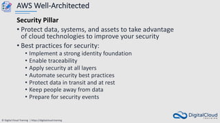 © Digital Cloud Training | https://digitalcloud.training
AWS Well-Architected
Security Pillar
• Protect data, systems, and assets to take advantage
of cloud technologies to improve your security
• Best practices for security:
• Implement a strong identity foundation
• Enable traceability
• Apply security at all layers
• Automate security best practices
• Protect data in transit and at rest
• Keep people away from data
• Prepare for security events
 