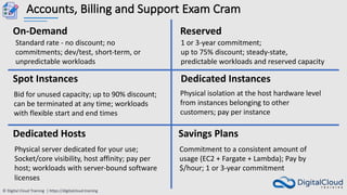 © Digital Cloud Training | https://digitalcloud.training
Accounts, Billing and Support Exam Cram
Reserved
Spot Instances Dedicated Instances
Dedicated Hosts
On-Demand
Savings Plans
Standard rate - no discount; no
commitments; dev/test, short-term, or
unpredictable workloads
1 or 3-year commitment;
up to 75% discount; steady-state,
predictable workloads and reserved capacity
Bid for unused capacity; up to 90% discount;
can be terminated at any time; workloads
with flexible start and end times
Physical isolation at the host hardware level
from instances belonging to other
customers; pay per instance
Commitment to a consistent amount of
usage (EC2 + Fargate + Lambda); Pay by
$/hour; 1 or 3-year commitment
Physical server dedicated for your use;
Socket/core visibility, host affinity; pay per
host; workloads with server-bound software
licenses
 