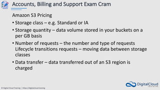 © Digital Cloud Training | https://digitalcloud.training
Accounts, Billing and Support Exam Cram
Amazon S3 Pricing
• Storage class – e.g. Standard or IA
• Storage quantity – data volume stored in your buckets on a
per GB basis
• Number of requests – the number and type of requests
Lifecycle transitions requests – moving data between storage
classes
• Data transfer – data transferred out of an S3 region is
charged
 