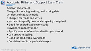 © Digital Cloud Training | https://digitalcloud.training
Accounts, Billing and Support Exam Cram
Amazon DynamoDB
Charged for reading, writing, and storing data
On-demand capacity mode
• Charged for reads and writes
• No need to specify how much capacity is required
• Good for unpredictable workloads
Provisioned capacity mode
• Specify number of reads and writes per second
• Can use Auto Scaling
• Good for predictable workloads
• Consistent traffic or gradual changes
 