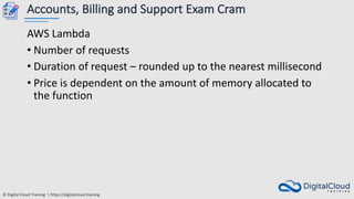 © Digital Cloud Training | https://digitalcloud.training
Accounts, Billing and Support Exam Cram
AWS Lambda
• Number of requests
• Duration of request – rounded up to the nearest millisecond
• Price is dependent on the amount of memory allocated to
the function
 