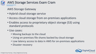 © Digital Cloud Training | https://digitalcloud.training
AWS Storage Services Exam Cram
AWS Storage Gateway
• Hybrid cloud storage service
• Access cloud storage from on-premises applications
• Enables access to proprietary object storage (S3) using
standard protocols
• Use cases:
• Moving backups to the cloud
• Using on-premises file shares backed by cloud storage
• Low latency access to data in AWS for on-premises applications
• Disaster recovery
 