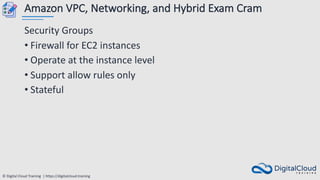 © Digital Cloud Training | https://digitalcloud.training
Amazon VPC, Networking, and Hybrid Exam Cram
Security Groups
• Firewall for EC2 instances
• Operate at the instance level
• Support allow rules only
• Stateful
 