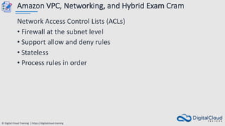 © Digital Cloud Training | https://digitalcloud.training
Amazon VPC, Networking, and Hybrid Exam Cram
Network Access Control Lists (ACLs)
• Firewall at the subnet level
• Support allow and deny rules
• Stateless
• Process rules in order
 