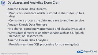 © Digital Cloud Training | https://digitalcloud.training
Databases and Analytics Exam Cram
Amazon Kinesis Data Streams
• Producers send data which is stored in shards for up to 7
days
• Consumers process the data and save to another service
Amazon Kinesis Data Firehose
• No shards, completely automated and elastically scalable
• Saves data directly to another service such as S3, Splunk,
RedShift, or Elasticsearch
Amazon Kinesis Data Analytics
• Provides real-time SQL processing for streaming data
 