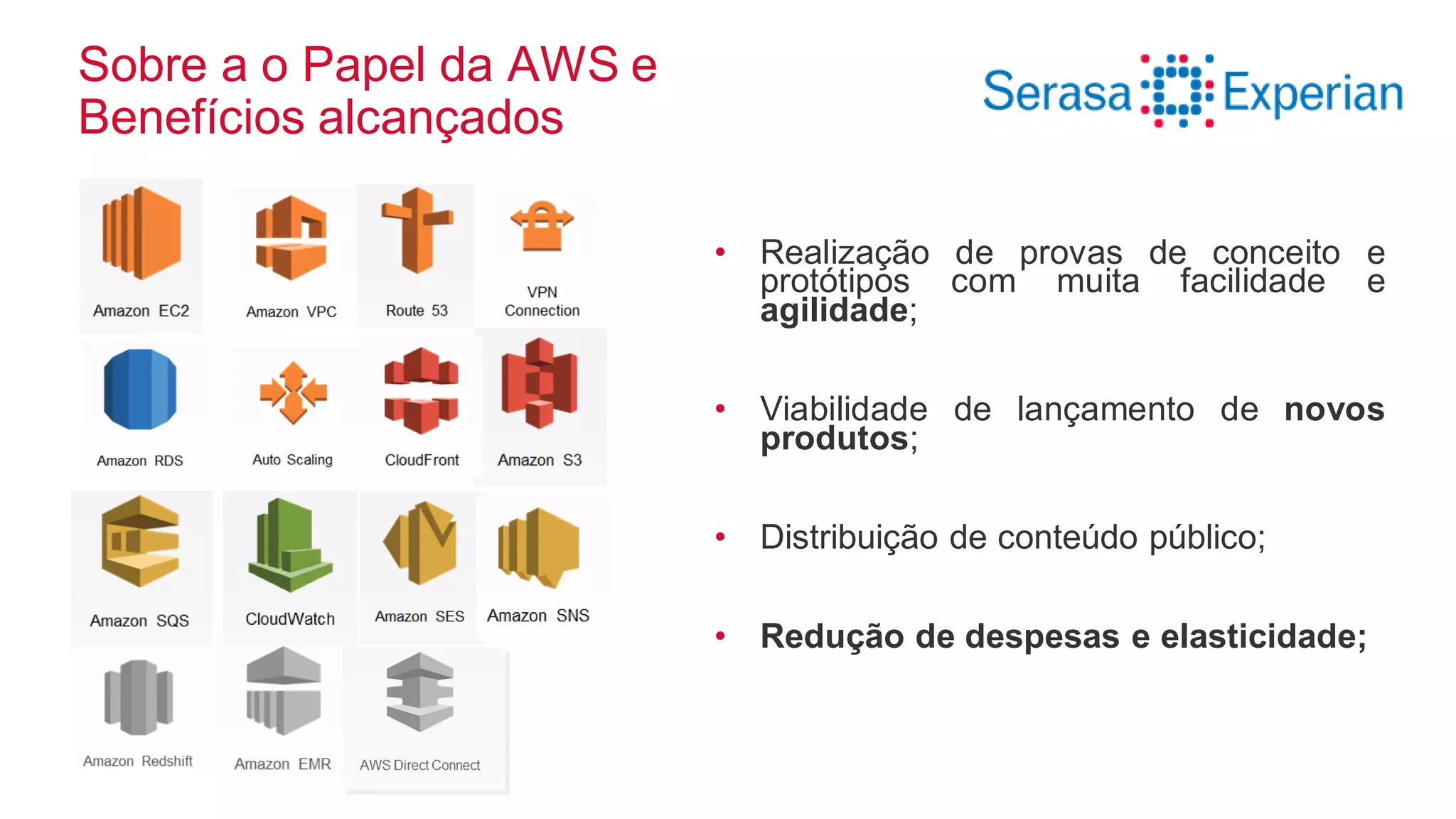 Sobre a o Papel da AWS e
Benefícios alcançados
• Realização de provas de conceito e
protótipos com muita facilidade e
agilidade;
• Viabilidade de lançamento de novos
produtos;
• Distribuição de conteúdo público;
• Redução de despesas e elasticidade;
 