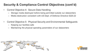 Security & Compliance Control Objectives (cont’d)
• Control Objective 4: Secure Data Handling
– Storage media destroyed before being permitted outside our datacenters
– Media destruction consistent with US Dept. of Defense Directive 5220.22
• Control Objective 5: Physical Security and Environmental Safeguards
– Keeping our facilities safe
– Maintaining the physical operating parameters of our datacenters
 