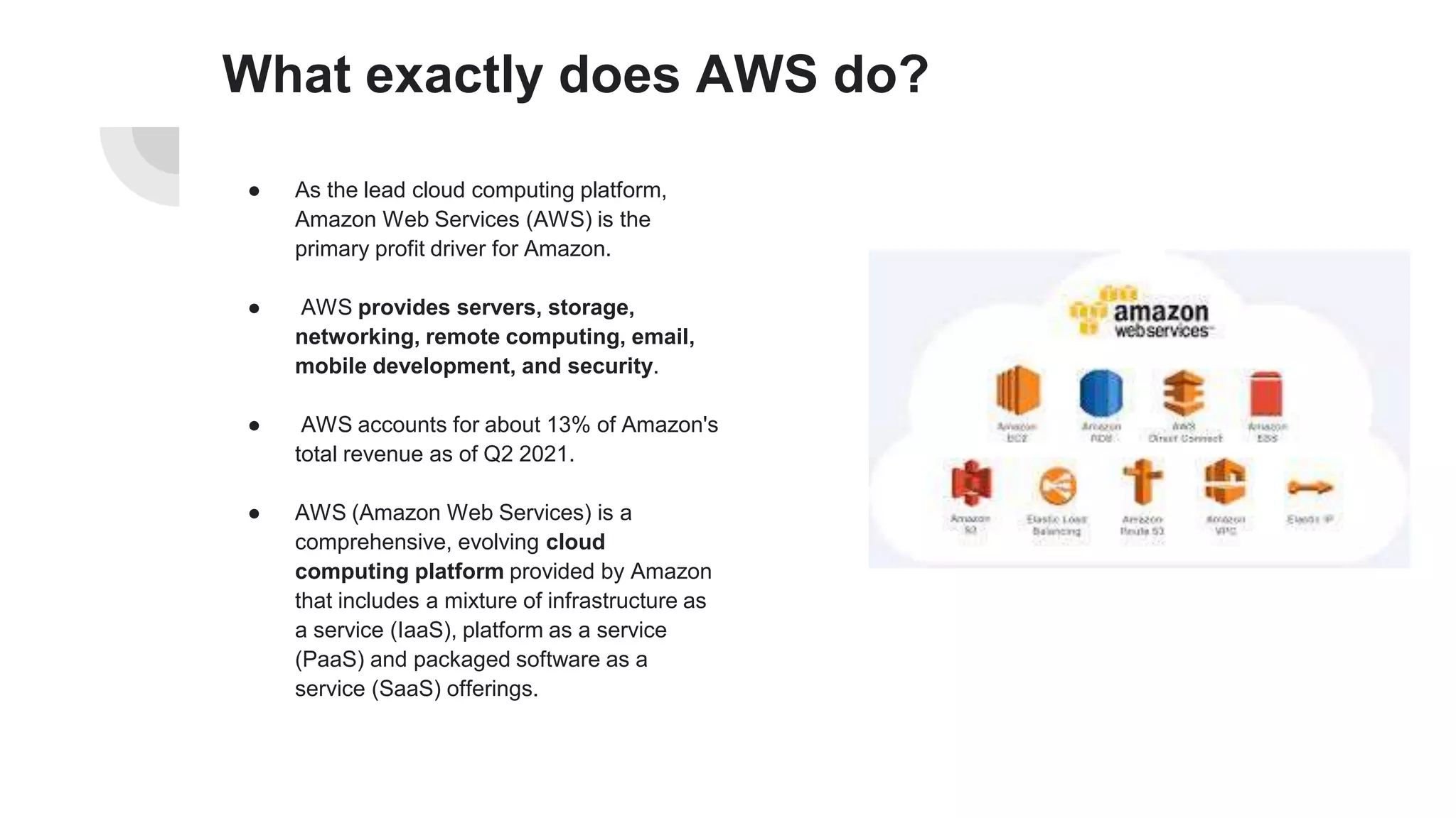 What exactly does AWS do?
● As the lead cloud computing platform,
Amazon Web Services (AWS) is the
primary profit driver for Amazon.
● AWS provides servers, storage,
networking, remote computing, email,
mobile development, and security.
● AWS accounts for about 13% of Amazon's
total revenue as of Q2 2021.
● AWS (Amazon Web Services) is a
comprehensive, evolving cloud
computing platform provided by Amazon
that includes a mixture of infrastructure as
a service (IaaS), platform as a service
(PaaS) and packaged software as a
service (SaaS) offerings.
 